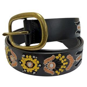 Lucky Brand Women's M 100% Leather Embroidered Black Multicolor Floral Belt NWT